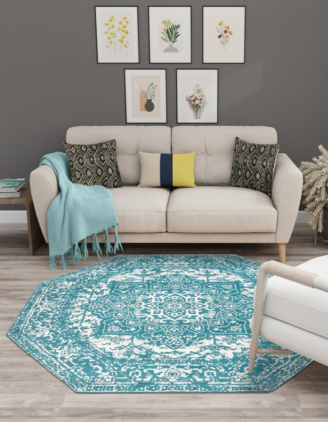 Turquoise 7' 10 x 7' 10 Richmond Octagon Area Rug Vintage Distressed Look Traditional Design Carpet for Unique Home Interior Design for Sale at Rug Engine