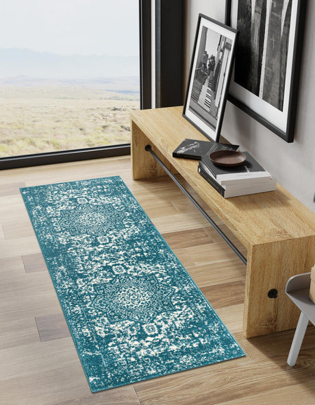Turquoise 2' x 8' Richmond Runner Area Rug Vintage Distressed Look Traditional Design Carpet for Unique Home Interior Design for Sale at Rug Engine