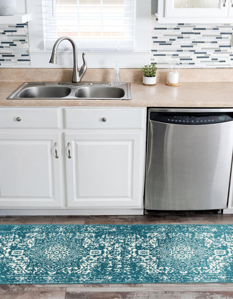 Turquoise 2' x 8' Richmond Runner Area Rug Vintage Distressed Look Traditional Design Carpet for Unique Home Interior Design for Sale at Rug Engine