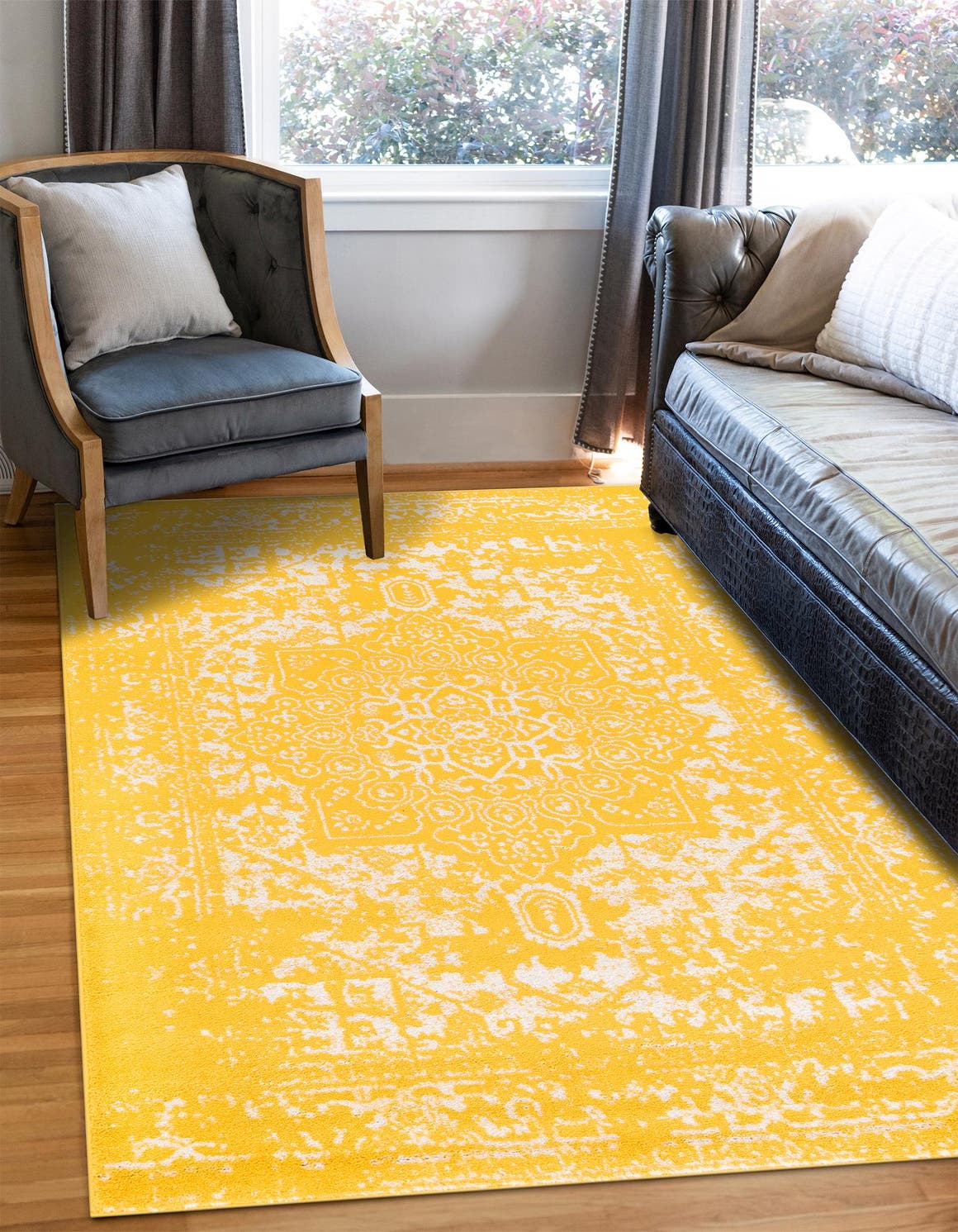 Yellow 9' x 12' Richmond Rectangle Area Rug Vintage Distressed Look Traditional Design Carpet for Unique Home Interior Design for Sale at Rug Engine