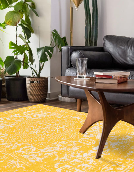 Yellow 9' x 12' Richmond Rectangle Area Rug Vintage Distressed Look Traditional Design Carpet for Unique Home Interior Design for Sale at Rug Engine