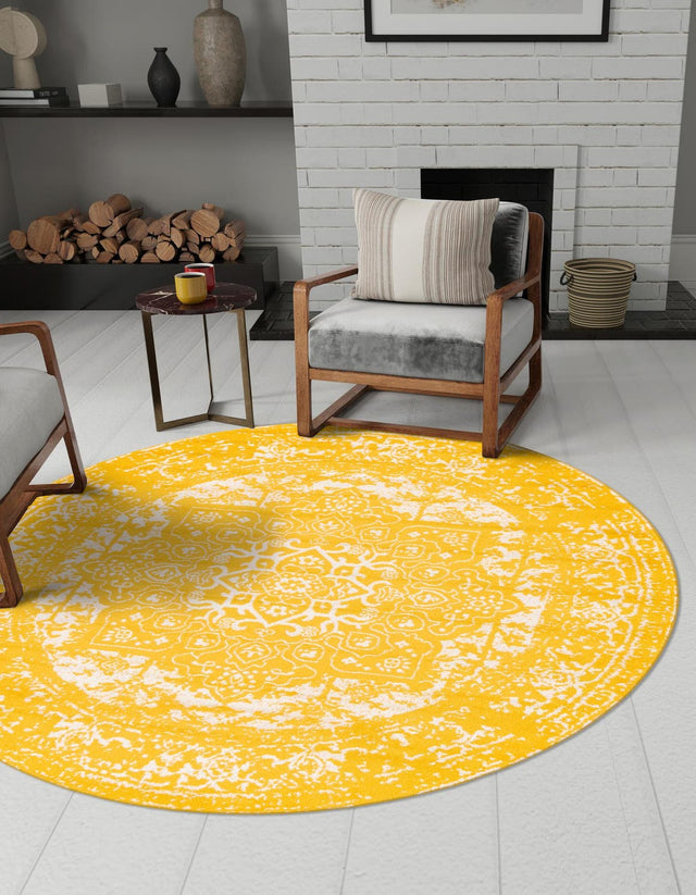 Yellow 7' 10 x 7' 10 Richmond Round Area Rug Vintage Distressed Look Traditional Design Carpet for Unique Home Interior Design for Sale at Rug Engine