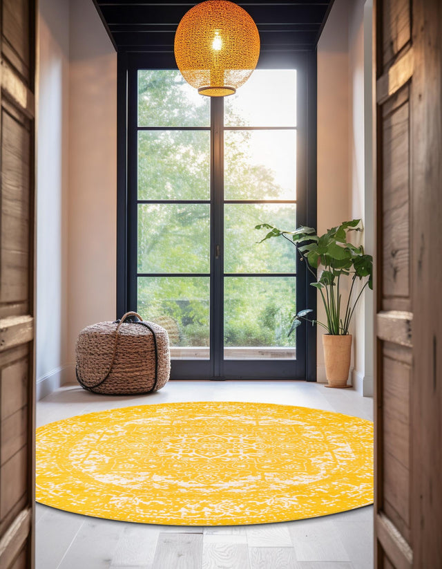 Yellow 7' 10 x 7' 10 Richmond Round Area Rug Vintage Distressed Look Traditional Design Carpet for Unique Home Interior Design for Sale at Rug Engine