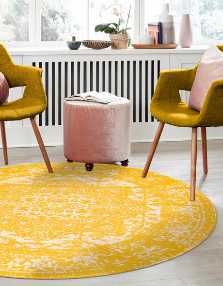 Yellow 7' 10 x 7' 10 Richmond Round Area Rug Vintage Distressed Look Traditional Design Carpet for Unique Home Interior Design for Sale at Rug Engine