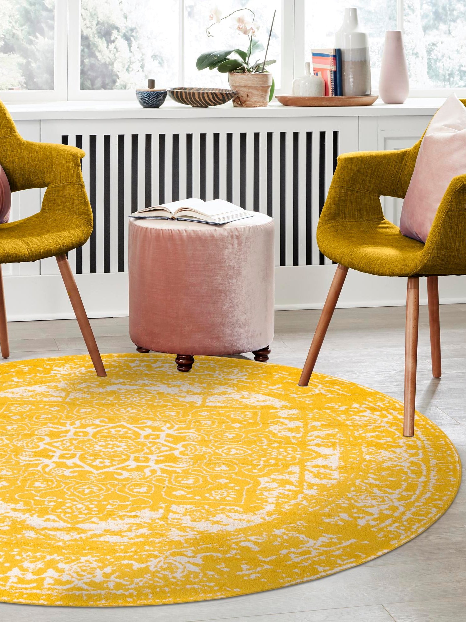 Yellow 5' 3 x 5' 3 Richmond Round Area Rug Vintage Distressed Look Traditional Design Carpet for Unique Home Interior Design for Sale at Rug Engine
