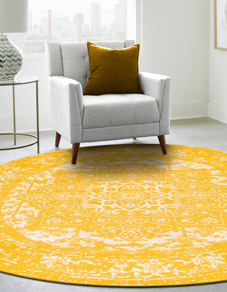 Yellow 7' 10 x 7' 10 Richmond Round Area Rug Vintage Distressed Look Traditional Design Carpet for Unique Home Interior Design for Sale at Rug Engine