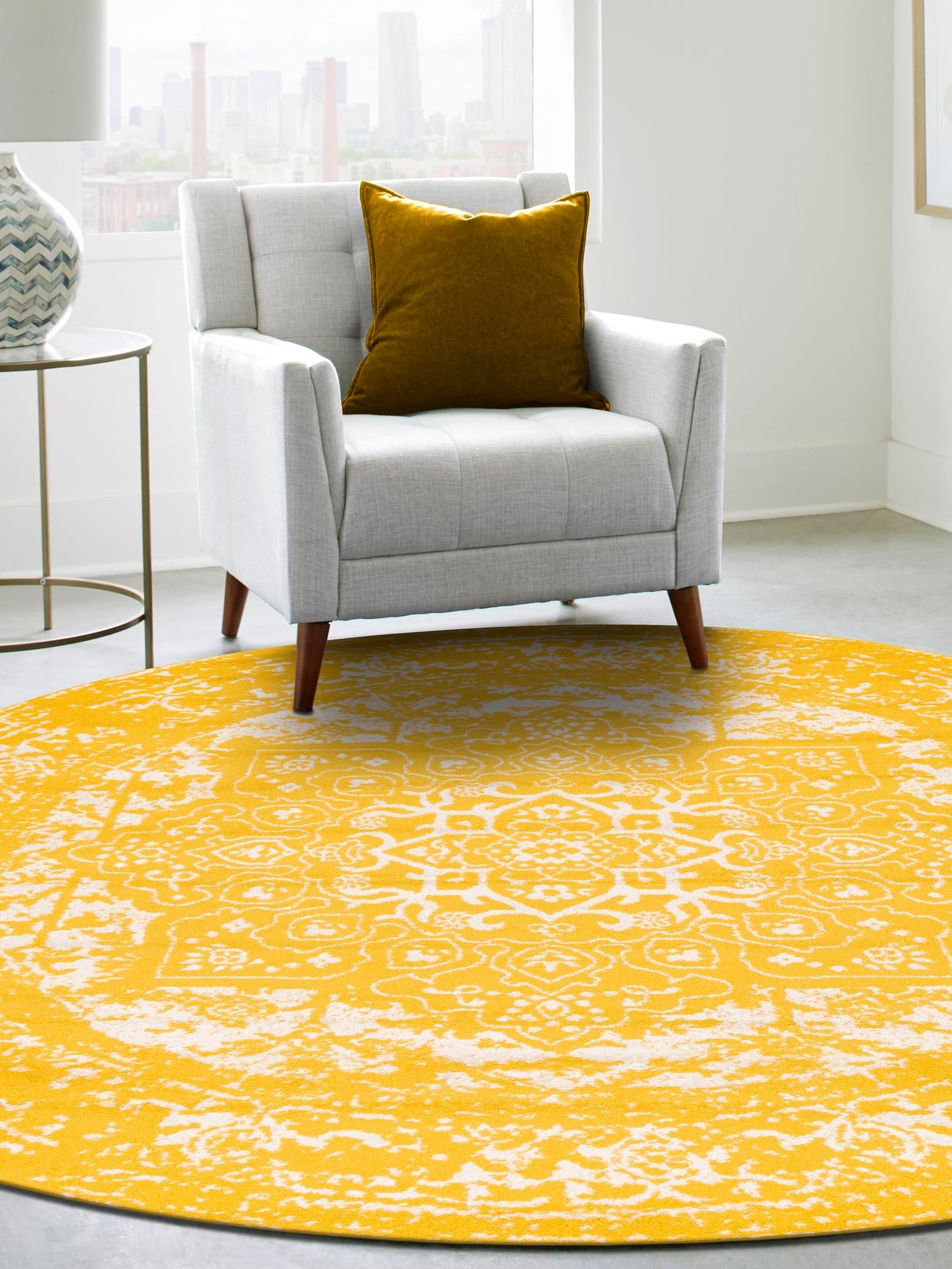 Yellow 5' 3 x 5' 3 Richmond Round Area Rug Vintage Distressed Look Traditional Design Carpet for Unique Home Interior Design for Sale at Rug Engine