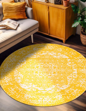 Yellow 7' 10 x 7' 10 Richmond Round Area Rug Vintage Distressed Look Traditional Design Carpet for Unique Home Interior Design for Sale at Rug Engine
