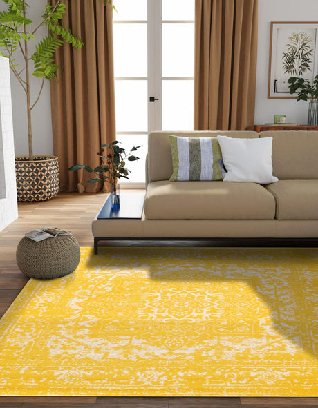 Yellow 7' 10 x 7' 10 Richmond Square Area Rug Vintage Distressed Look Traditional Design Carpet for Unique Home Interior Design for Sale at Rug Engine