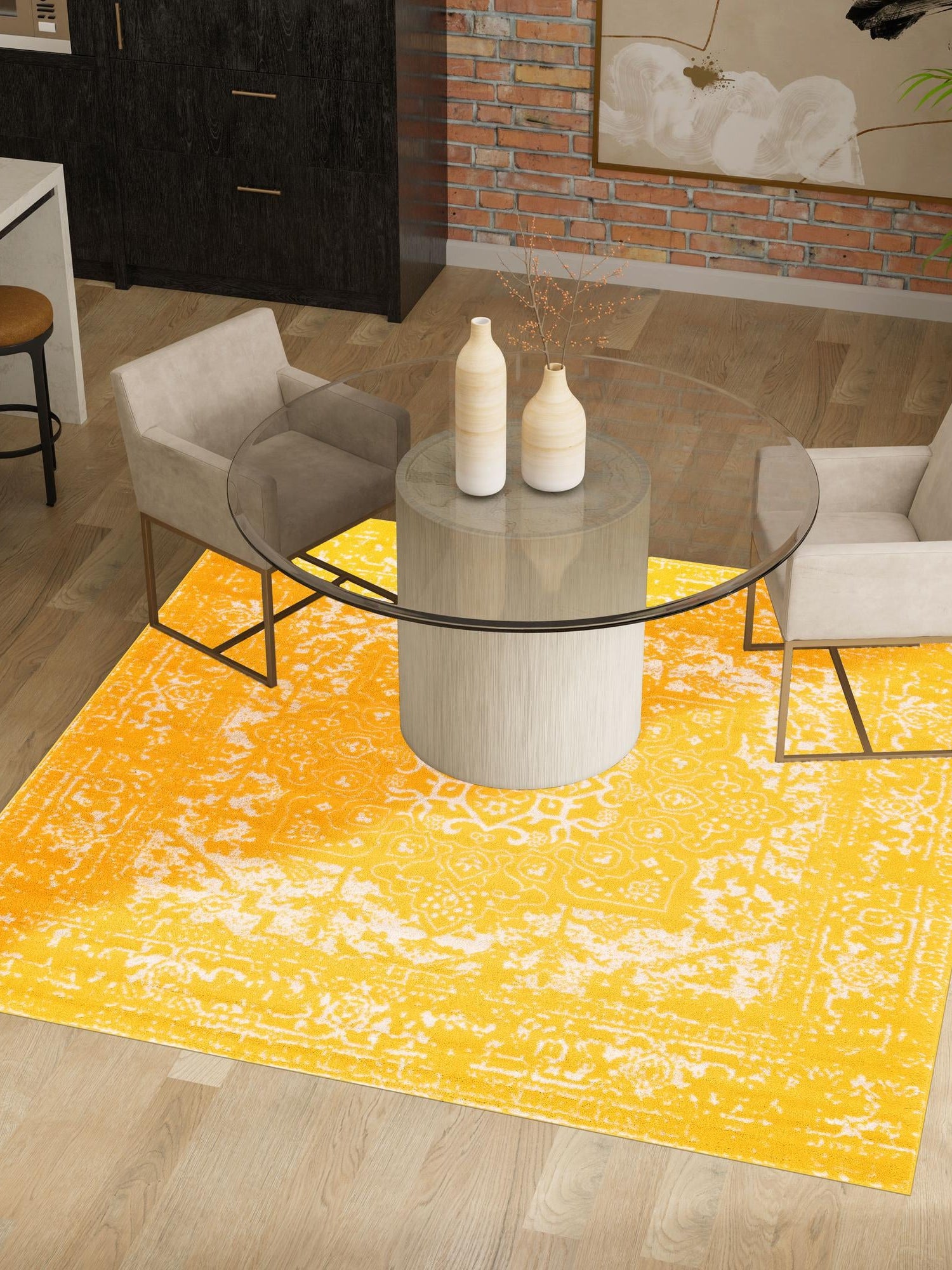 Yellow 7' 10 x 7' 10 Richmond Square Area Rug Vintage Distressed Look Traditional Design Carpet for Unique Home Interior Design for Sale at Rug Engine