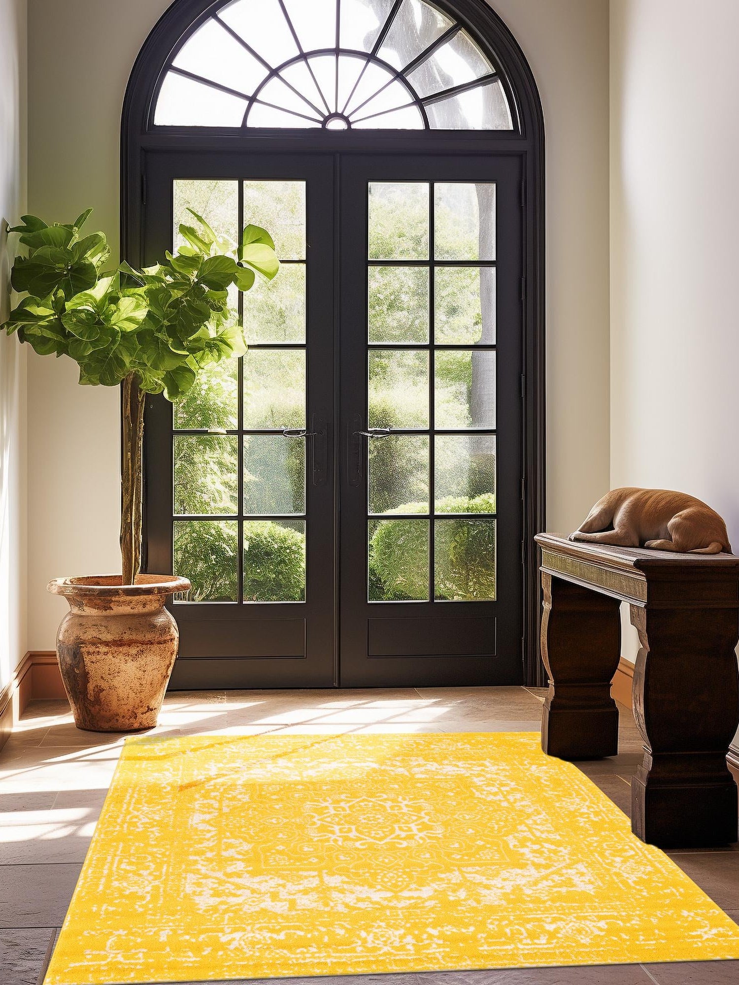 Yellow 5' 3 x 5' 3 Richmond Square Area Rug Vintage Distressed Look Traditional Design Carpet for Unique Home Interior Design for Sale at Rug Engine