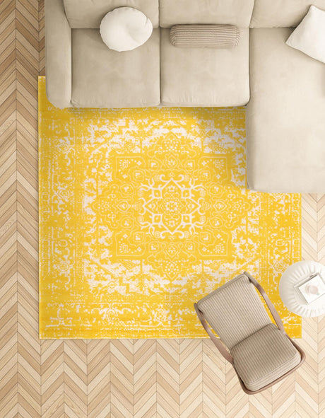 Yellow 7' 10 x 7' 10 Richmond Square Area Rug Vintage Distressed Look Traditional Design Carpet for Unique Home Interior Design for Sale at Rug Engine