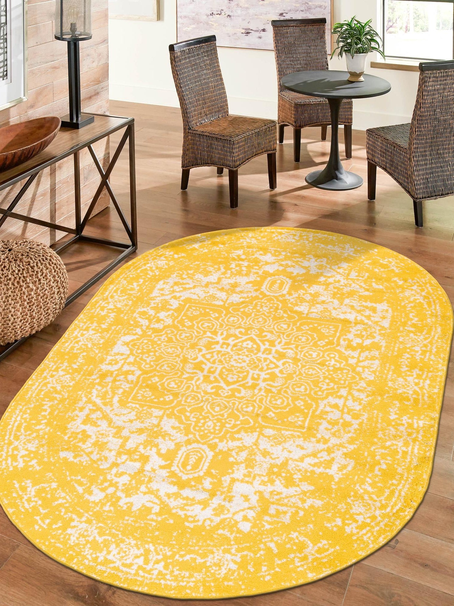 Yellow 7' 10 x 10' Richmond Oval Area Rug Vintage Distressed Look Traditional Design Carpet for Unique Home Interior Design for Sale at Rug Engine