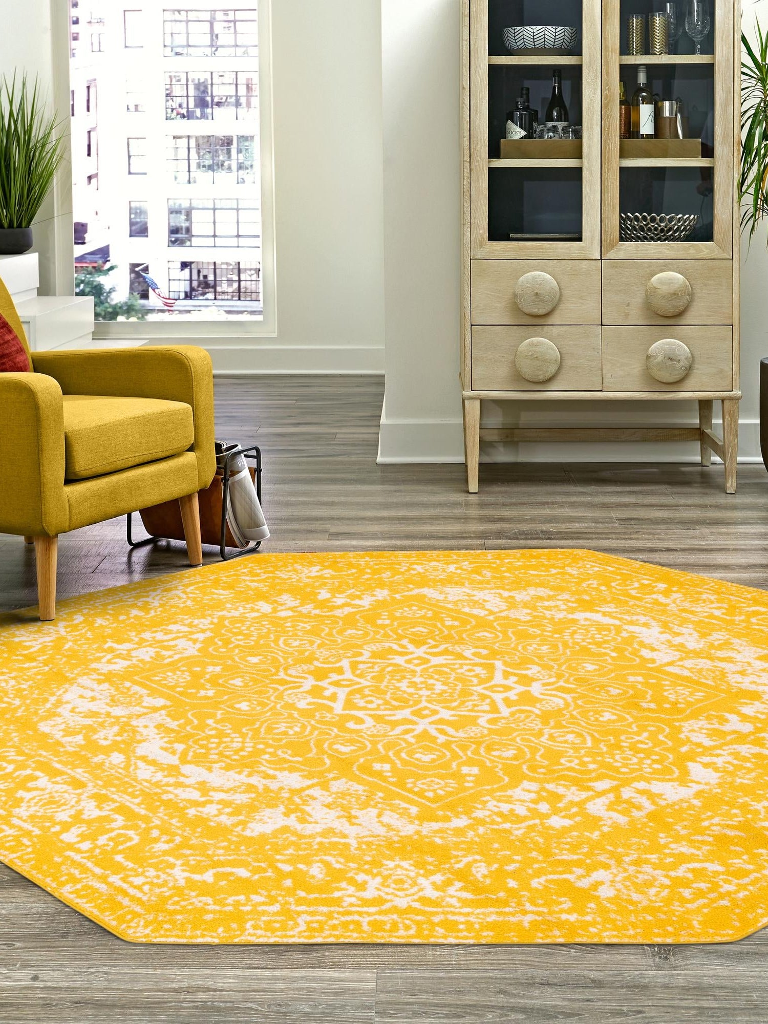 Yellow 5' 3 x 5' 3 Richmond Octagon Area Rug Vintage Distressed Look Traditional Design Carpet for Unique Home Interior Design for Sale at Rug Engine