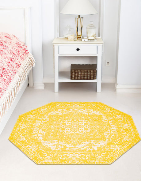 Yellow 5' 3 x 5' 3 Richmond Octagon Area Rug Vintage Distressed Look Traditional Design Carpet for Unique Home Interior Design for Sale at Rug Engine
