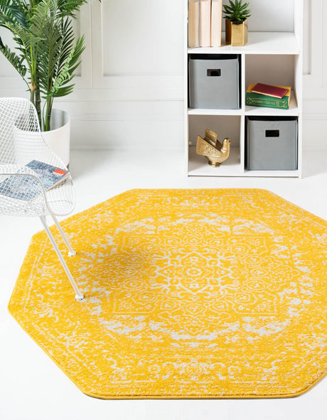 Yellow 5' 3 x 5' 3 Richmond Octagon Area Rug Vintage Distressed Look Traditional Design Carpet for Unique Home Interior Design for Sale at Rug Engine