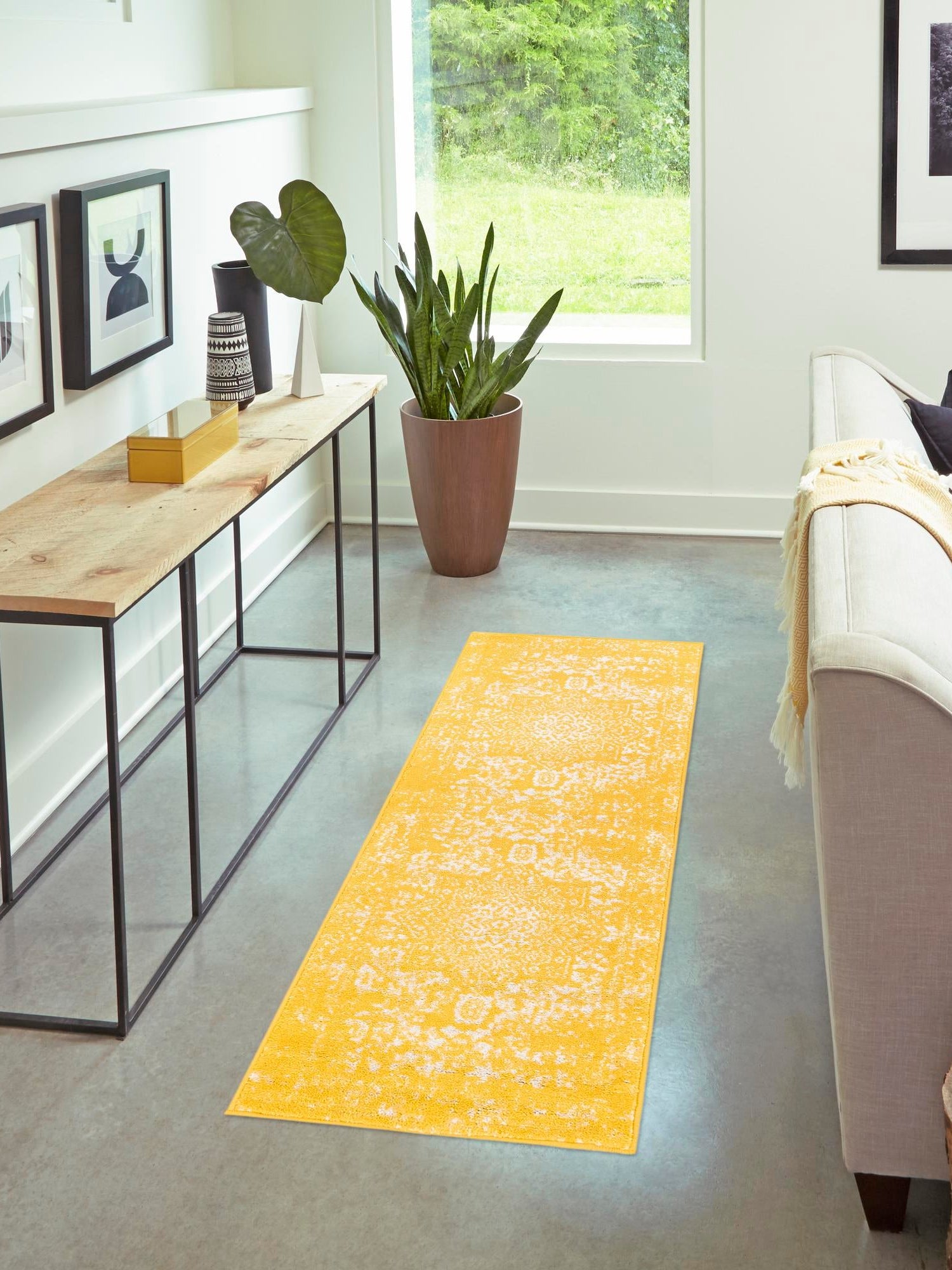 Yellow 2' x 8' Richmond Runner Area Rug Vintage Distressed Look Traditional Design Carpet for Unique Home Interior Design for Sale at Rug Engine
