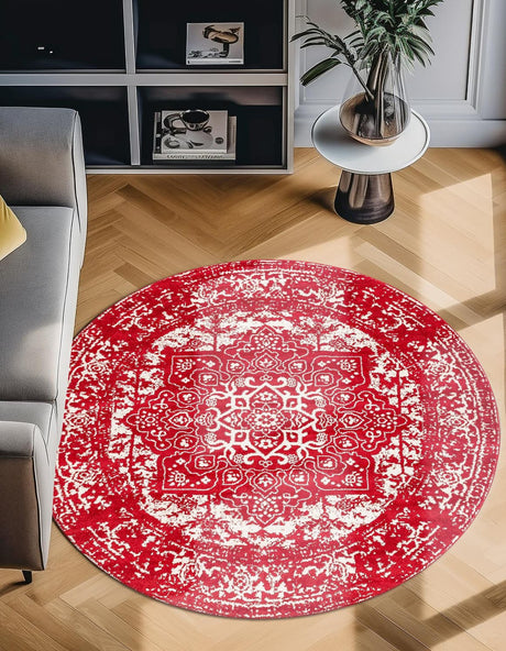 Red 7' 10 x 7' 10 Richmond Round Area Rug Vintage Distressed Look Traditional Design Carpet for Unique Home Interior Design for Sale at Rug Engine