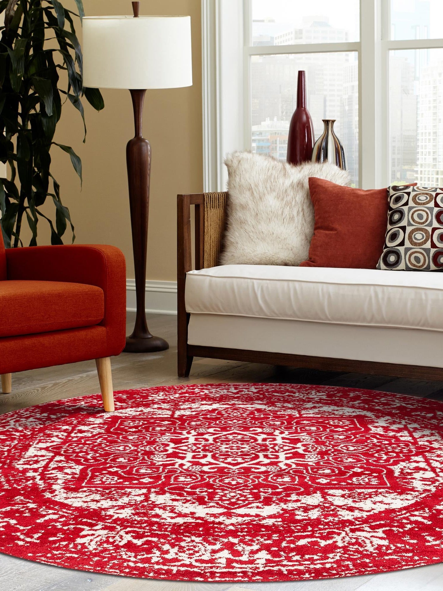 Red 5' 3 x 5' 3 Richmond Round Area Rug Vintage Distressed Look Traditional Design Carpet for Unique Home Interior Design for Sale at Rug Engine