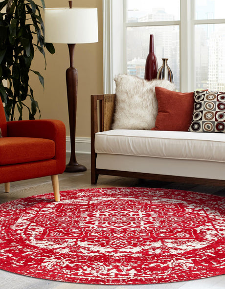Red 7' 10 x 7' 10 Richmond Round Area Rug Vintage Distressed Look Traditional Design Carpet for Unique Home Interior Design for Sale at Rug Engine