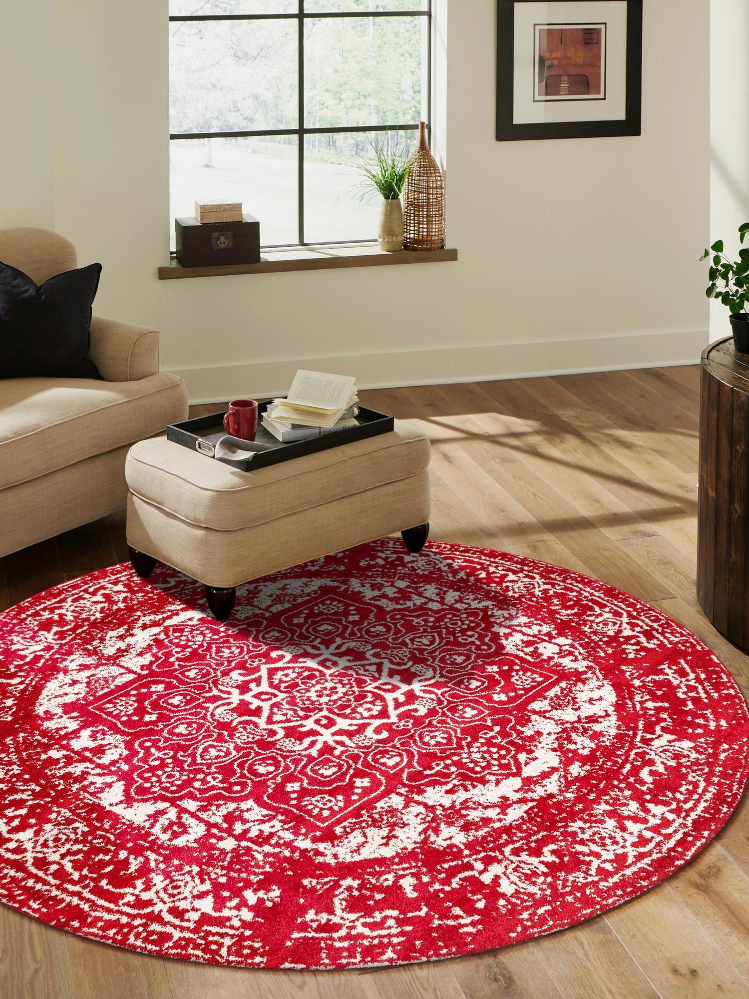 Red 5' 3 x 5' 3 Richmond Round Area Rug Vintage Distressed Look Traditional Design Carpet for Unique Home Interior Design for Sale at Rug Engine