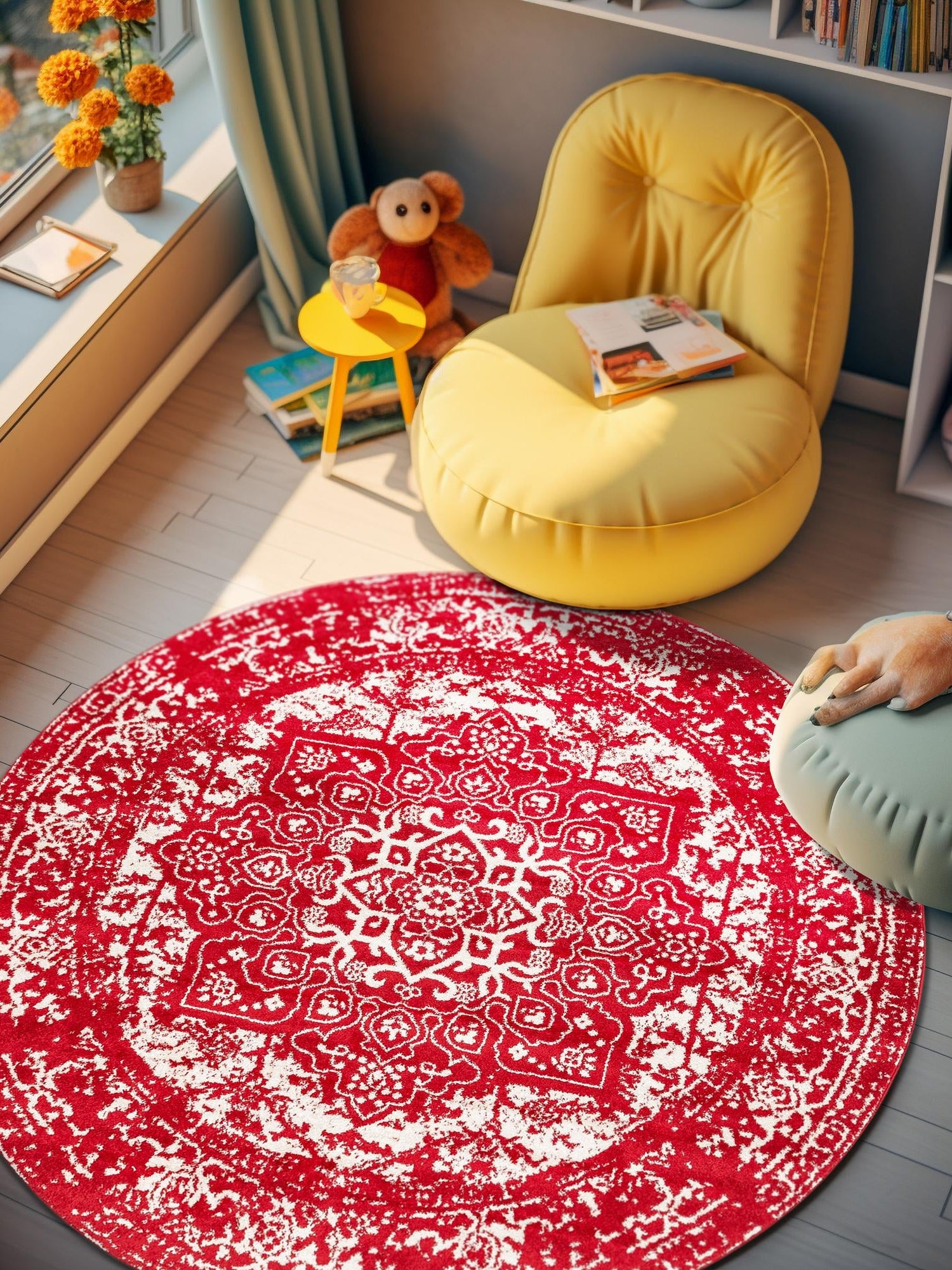 Red 7' 10 x 7' 10 Richmond Round Area Rug Vintage Distressed Look Traditional Design Carpet for Unique Home Interior Design for Sale at Rug Engine