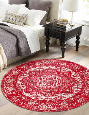 Red 7' 10 x 7' 10 Richmond Round Area Rug Vintage Distressed Look Traditional Design Carpet for Unique Home Interior Design for Sale at Rug Engine