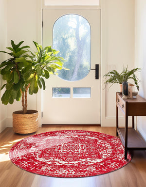 Red 7' 10 x 7' 10 Richmond Round Area Rug Vintage Distressed Look Traditional Design Carpet for Unique Home Interior Design for Sale at Rug Engine