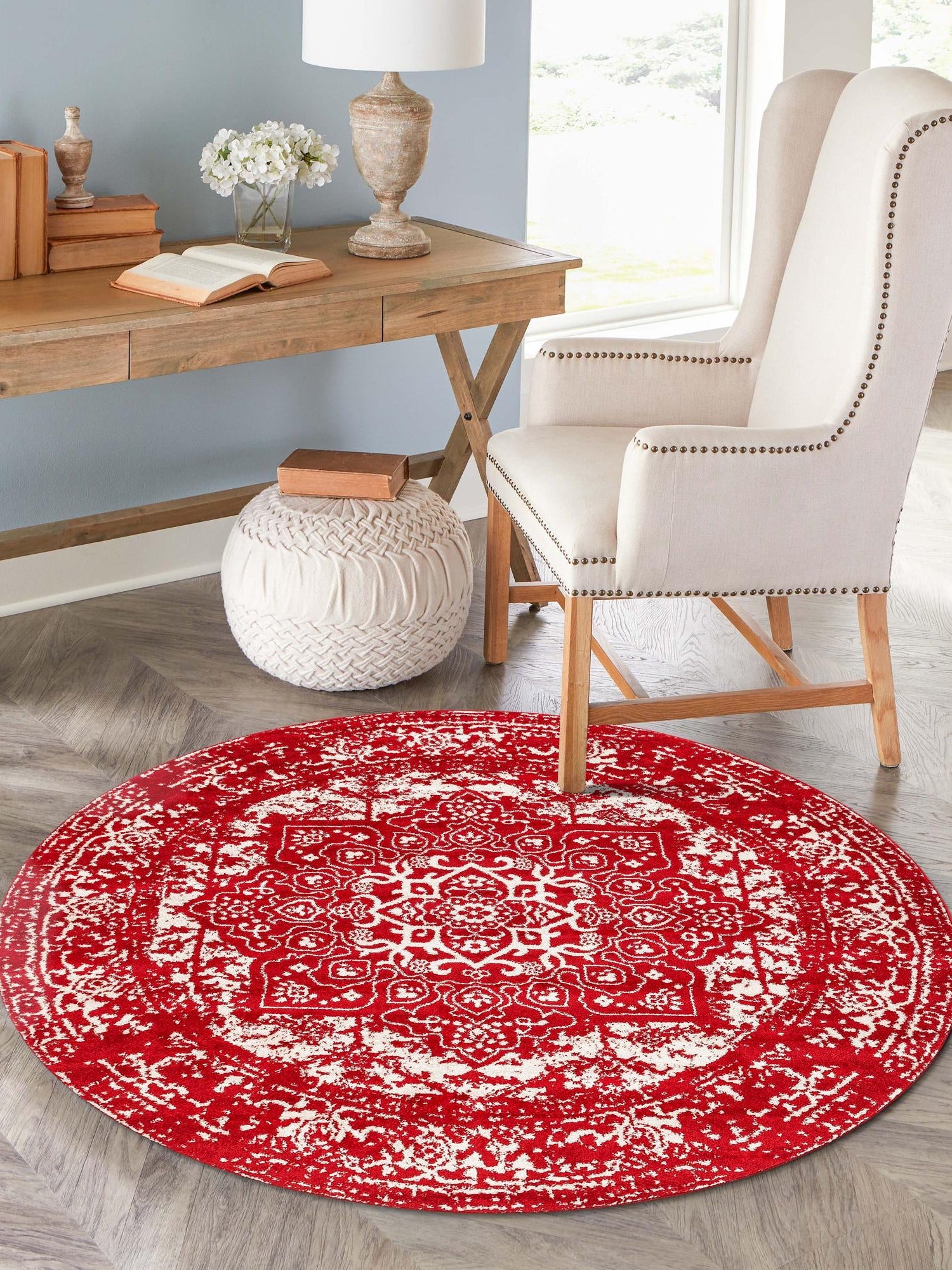 Red 7' 10 x 7' 10 Richmond Round Area Rug Vintage Distressed Look Traditional Design Carpet for Unique Home Interior Design for Sale at Rug Engine