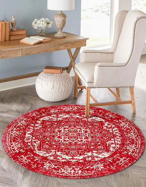 Red 7' 10 x 7' 10 Richmond Round Area Rug Vintage Distressed Look Traditional Design Carpet for Unique Home Interior Design for Sale at Rug Engine
