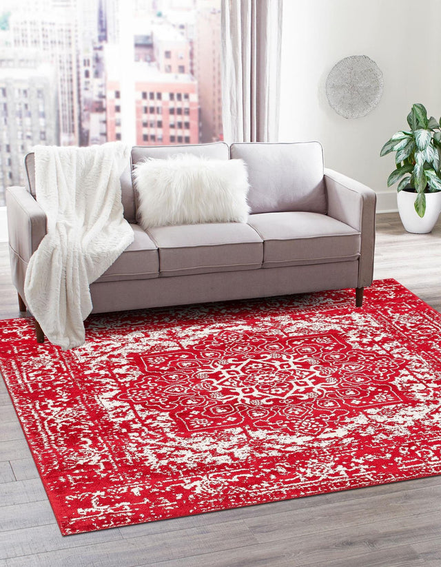Red 4' 1 x 4' 1 Richmond Square Area Rug Vintage Distressed Look Traditional Design Carpet for Unique Home Interior Design for Sale at Rug Engine