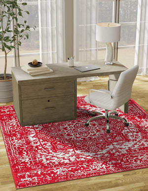 Red 5' 3 x 5' 3 Richmond Square Area Rug Vintage Distressed Look Traditional Design Carpet for Unique Home Interior Design for Sale at Rug Engine