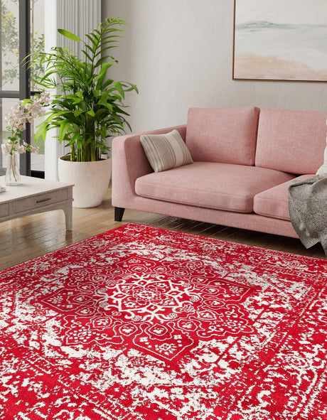 Red 7' 10 x 7' 10 Richmond Square Area Rug Vintage Distressed Look Traditional Design Carpet for Unique Home Interior Design for Sale at Rug Engine