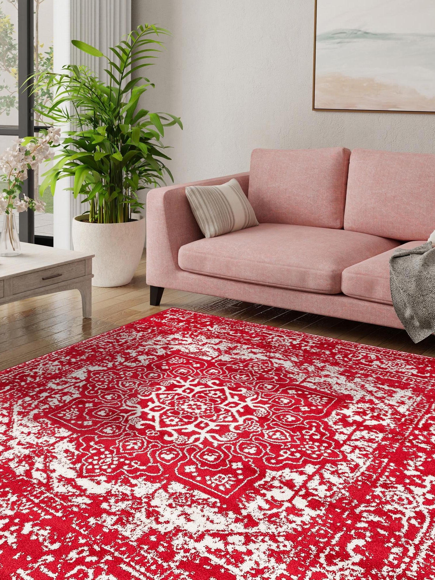 Red 4' 1 x 4' 1 Richmond Square Area Rug Vintage Distressed Look Traditional Design Carpet for Unique Home Interior Design for Sale at Rug Engine