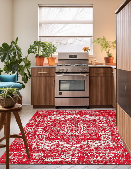 Red 5' 3 x 5' 3 Richmond Square Area Rug Vintage Distressed Look Traditional Design Carpet for Unique Home Interior Design for Sale at Rug Engine