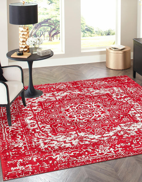 Red 7' 10 x 7' 10 Richmond Square Area Rug Vintage Distressed Look Traditional Design Carpet for Unique Home Interior Design for Sale at Rug Engine