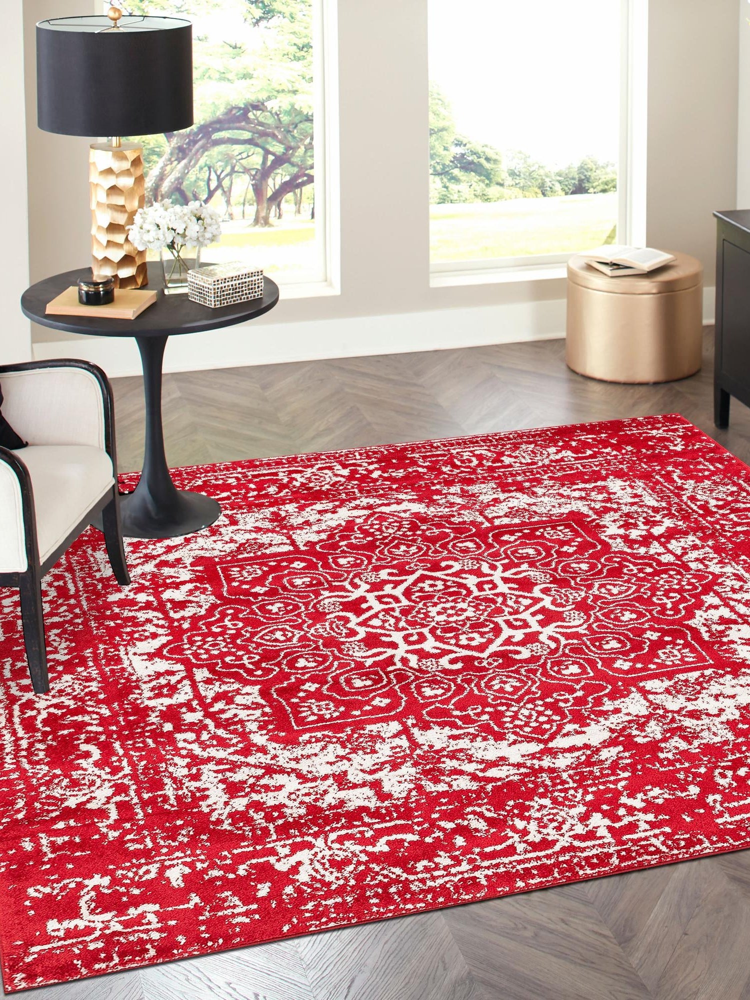 Red 4' 1 x 4' 1 Richmond Square Area Rug Vintage Distressed Look Traditional Design Carpet for Unique Home Interior Design for Sale at Rug Engine