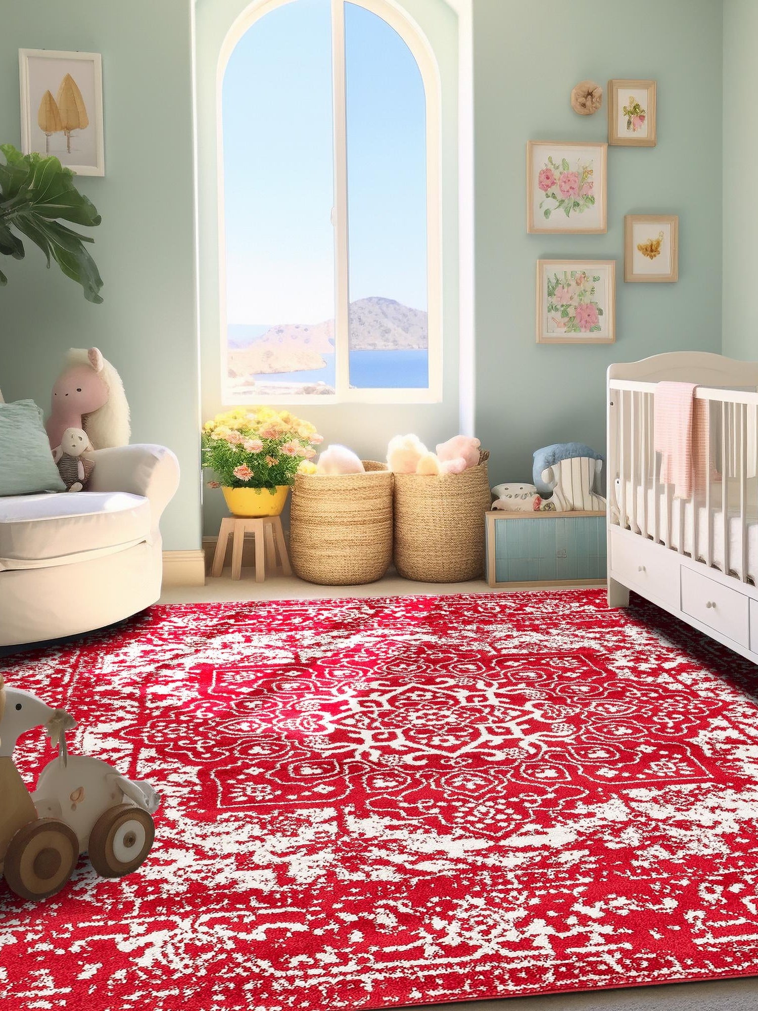 Red 4' 1 x 4' 1 Richmond Square Area Rug Vintage Distressed Look Traditional Design Carpet for Unique Home Interior Design for Sale at Rug Engine