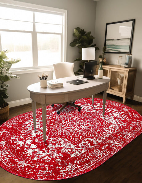 Red 7' 10 x 10' Richmond Oval Area Rug Vintage Distressed Look Traditional Design Carpet for Unique Home Interior Design for Sale at Rug Engine