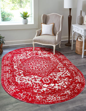 Red 7' 10 x 10' Richmond Oval Area Rug Vintage Distressed Look Traditional Design Carpet for Unique Home Interior Design for Sale at Rug Engine