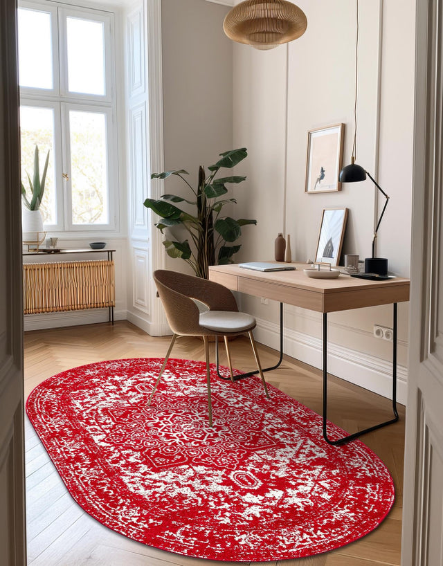 Red 7' 10 x 10' Richmond Oval Area Rug Vintage Distressed Look Traditional Design Carpet for Unique Home Interior Design for Sale at Rug Engine