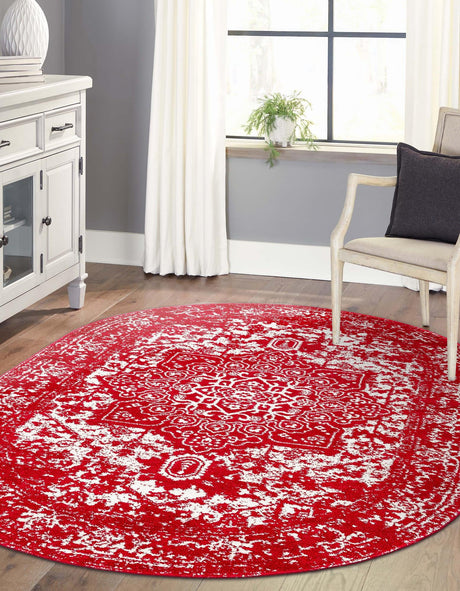 Red 7' 10 x 10' Richmond Oval Area Rug Vintage Distressed Look Traditional Design Carpet for Unique Home Interior Design for Sale at Rug Engine