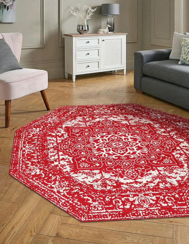 Red 5' 3 x 5' 3 Richmond Octagon Area Rug Vintage Distressed Look Traditional Design Carpet for Unique Home Interior Design for Sale at Rug Engine