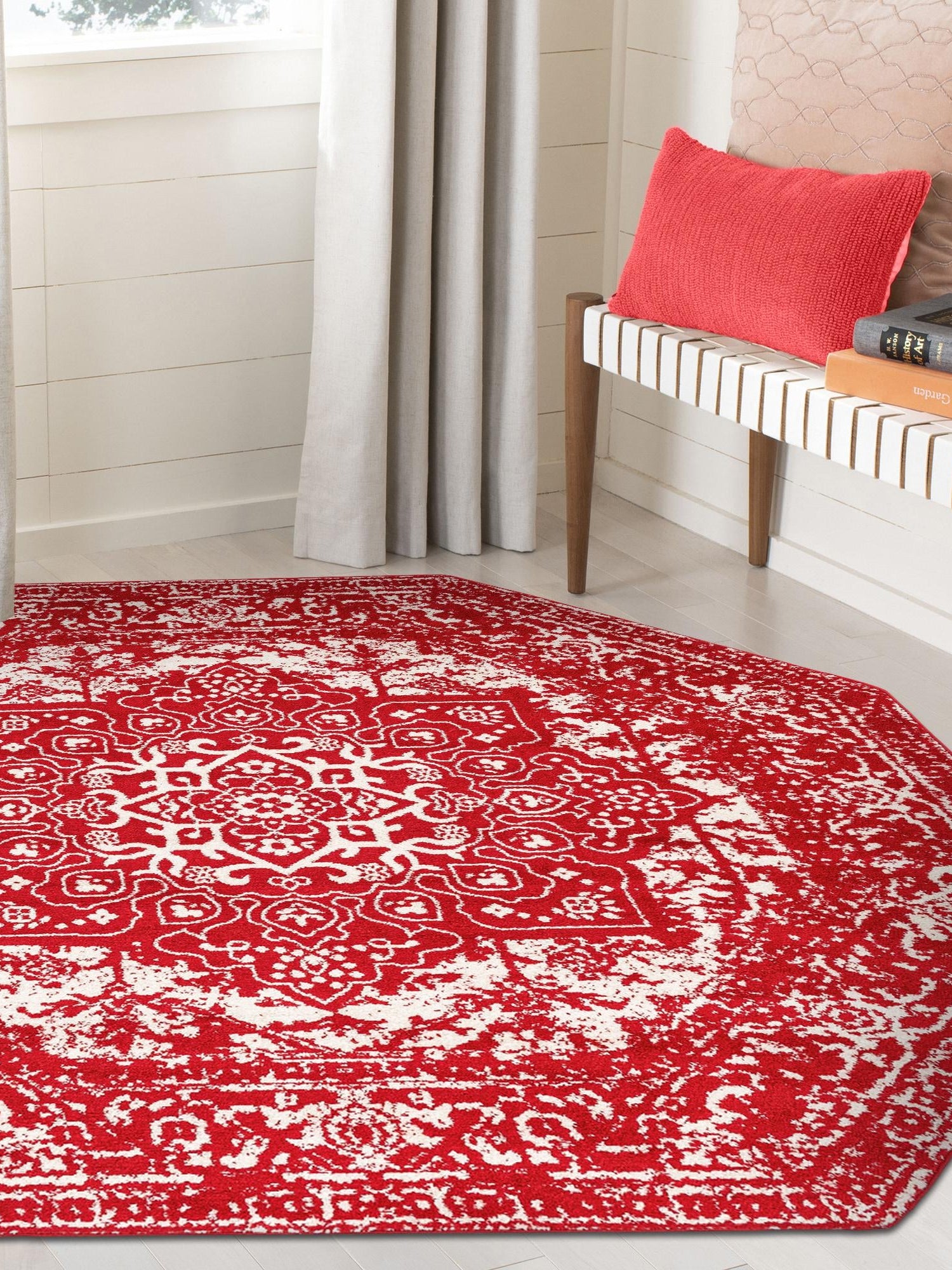Red 5' 3 x 5' 3 Richmond Octagon Area Rug Vintage Distressed Look Traditional Design Carpet for Unique Home Interior Design for Sale at Rug Engine