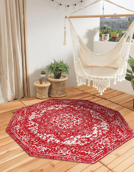 Red 7' 10 x 7' 10 Richmond Octagon Area Rug Vintage Distressed Look Traditional Design Carpet for Unique Home Interior Design for Sale at Rug Engine