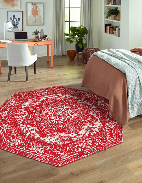 Red 7' 10 x 7' 10 Richmond Octagon Area Rug Vintage Distressed Look Traditional Design Carpet for Unique Home Interior Design for Sale at Rug Engine
