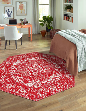 Red 5' 3 x 5' 3 Richmond Octagon Area Rug Vintage Distressed Look Traditional Design Carpet for Unique Home Interior Design for Sale at Rug Engine
