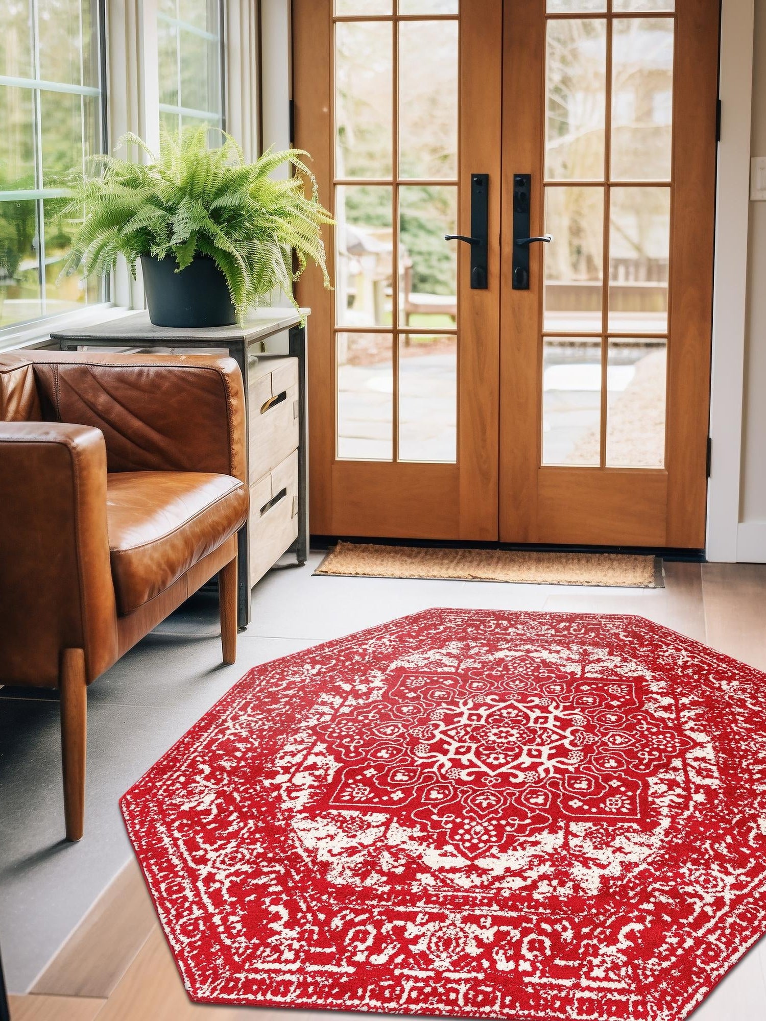 Red 5' 3 x 5' 3 Richmond Octagon Area Rug Vintage Distressed Look Traditional Design Carpet for Unique Home Interior Design for Sale at Rug Engine
