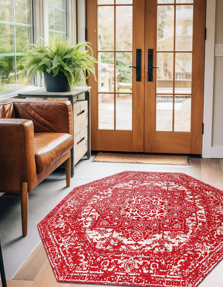 Red 5' 3 x 5' 3 Richmond Octagon Area Rug Vintage Distressed Look Traditional Design Carpet for Unique Home Interior Design for Sale at Rug Engine