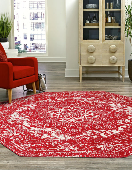 Red 5' 3 x 5' 3 Richmond Octagon Area Rug Vintage Distressed Look Traditional Design Carpet for Unique Home Interior Design for Sale at Rug Engine